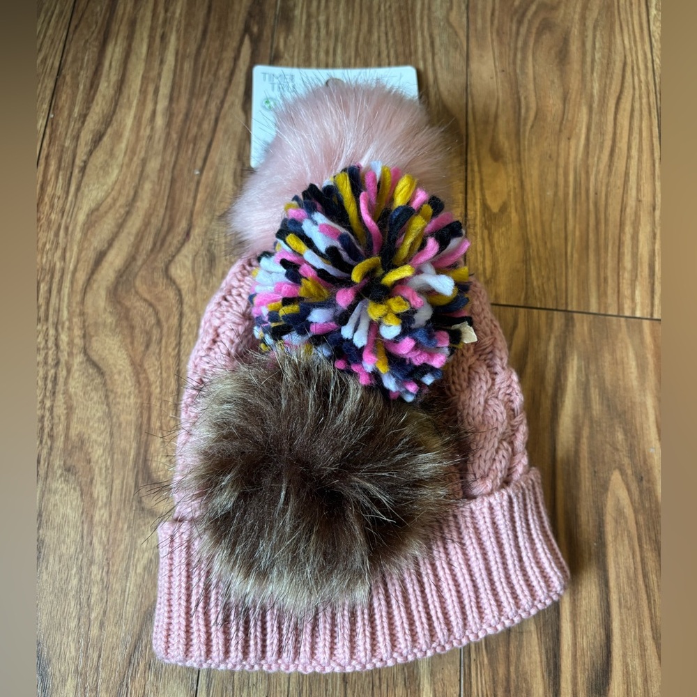 NWT Pink Knit Beanie with Multicolor Pom Poms